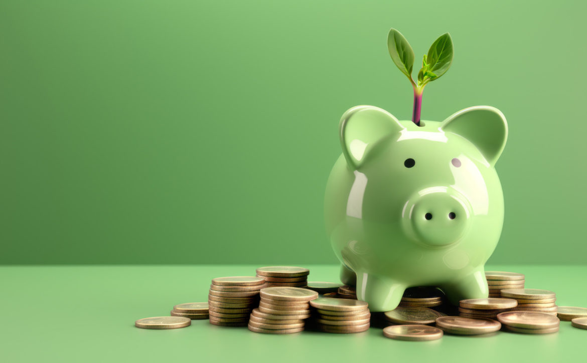 Green pig piggy banks on a stack of gold coins, plant sprouts growth from its slot, isolated on green background - Green investment success, eco savings concept