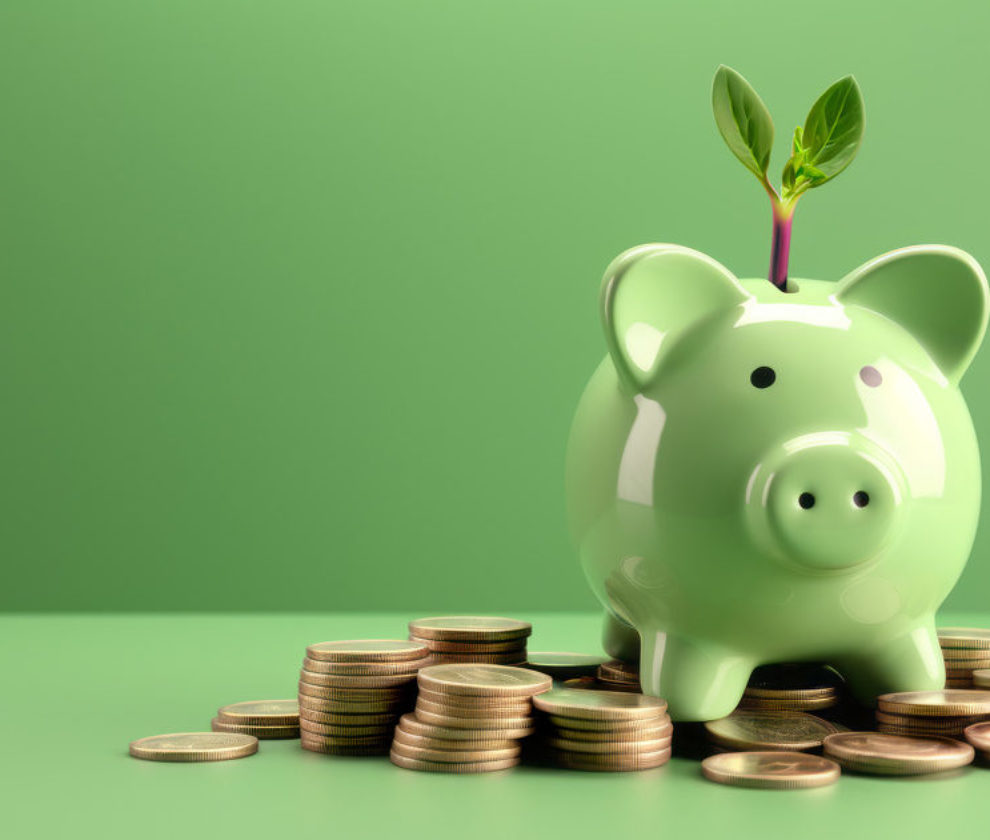 Green pig piggy banks on a stack of gold coins, plant sprouts growth from its slot, isolated on green background - Green investment success, eco savings concept